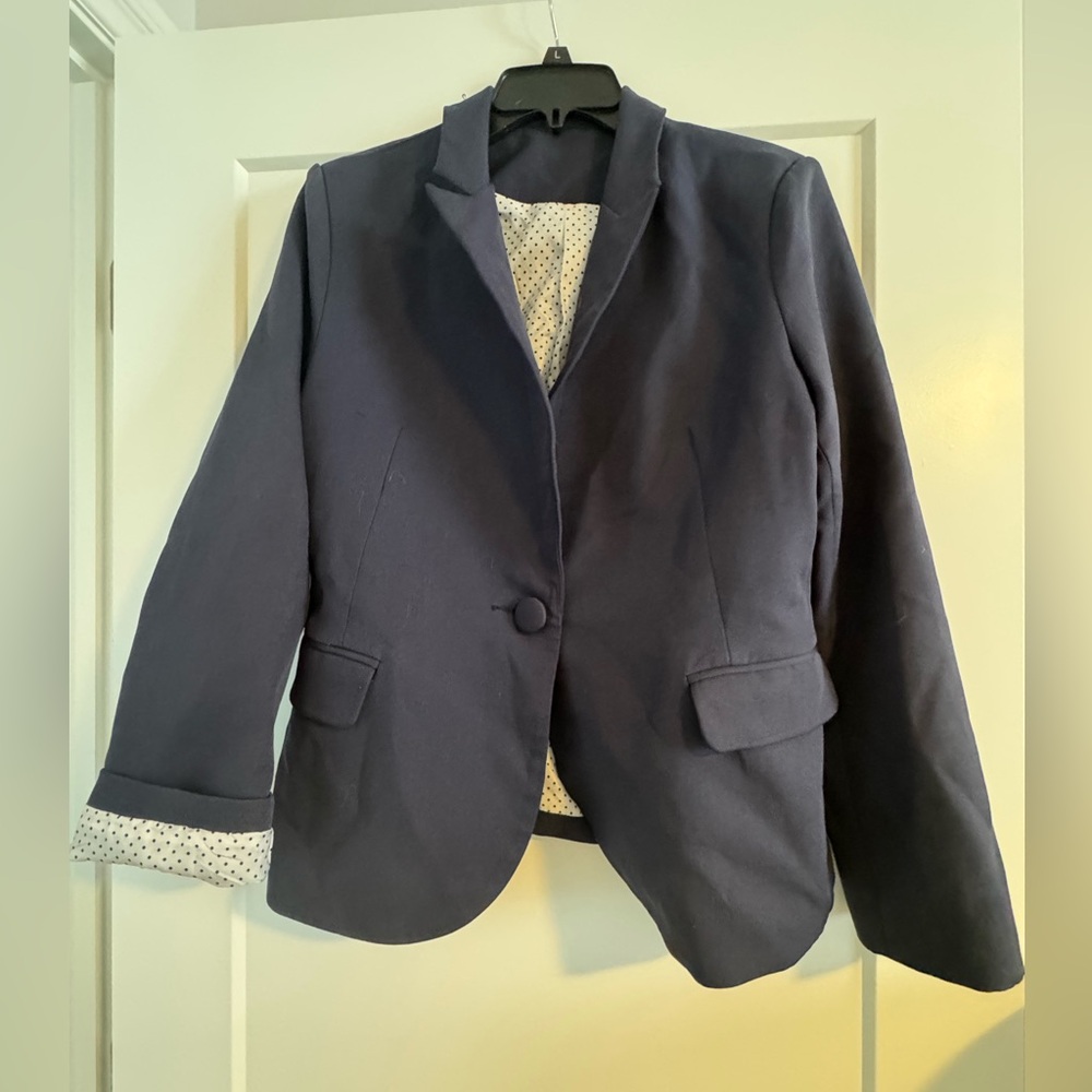 Navy Blazer with Polka Dot Lining